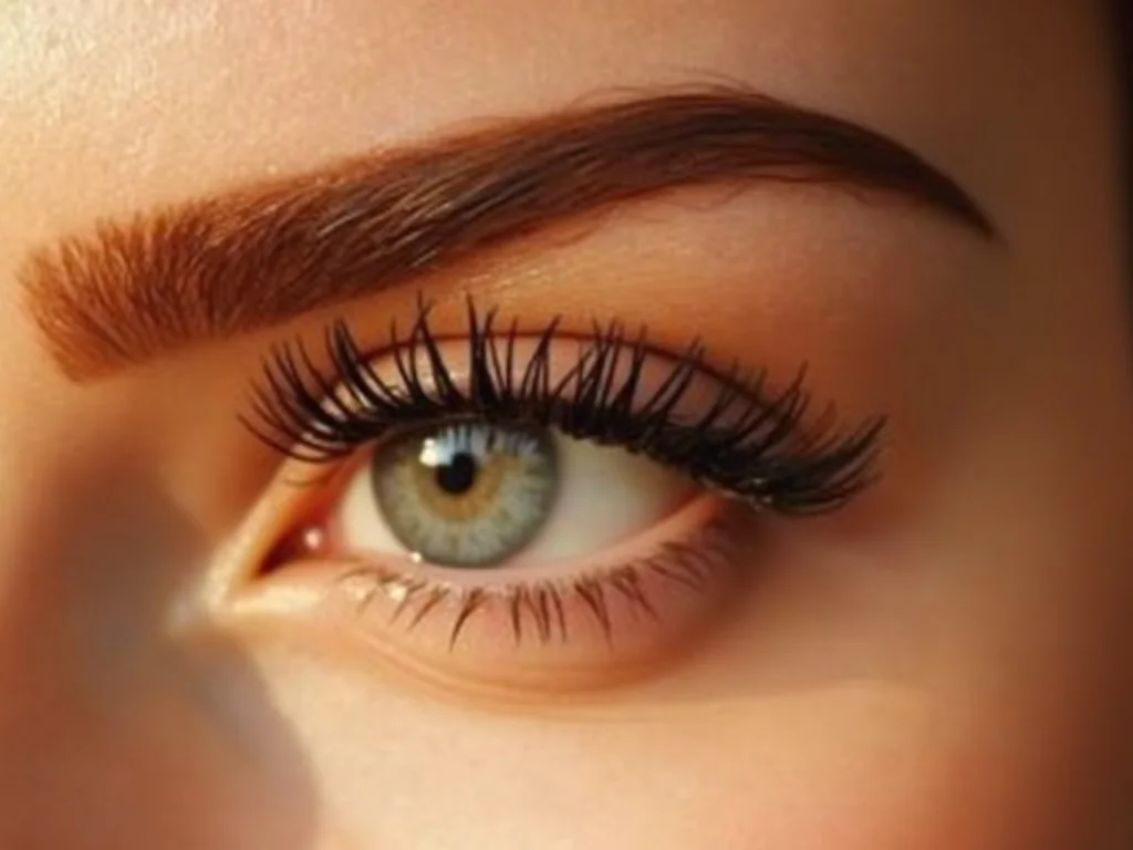 Close-up of a perfectly groomed eyebrow and long lashes