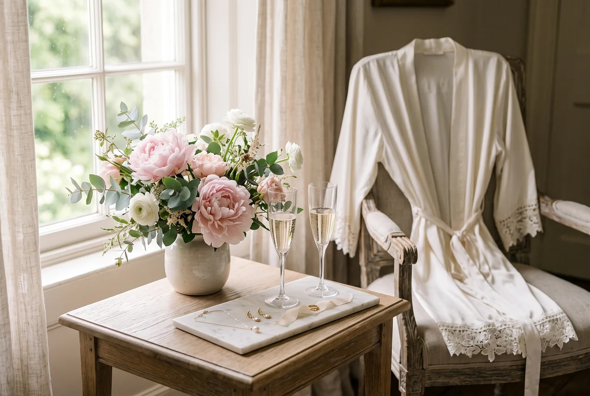 Bridal getting-ready setting with blush peonies, a silk robe and champagne