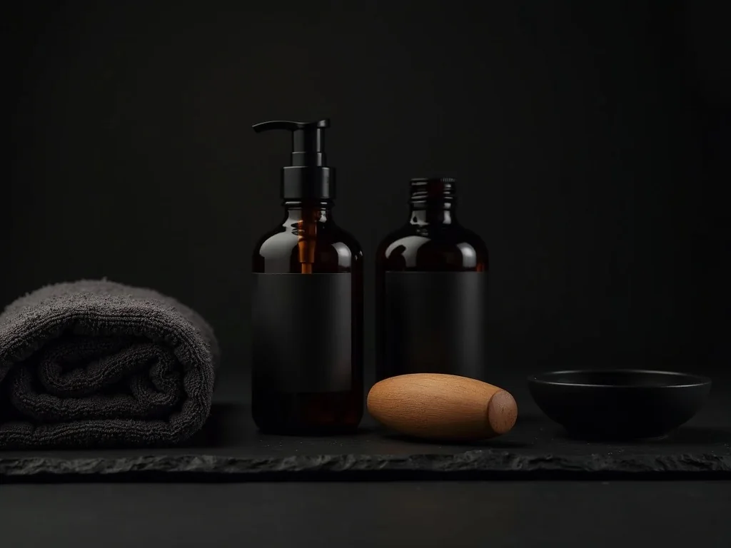 Dark, refined men's grooming flat-lay with amber bottles, a wooden brush and a folded towel