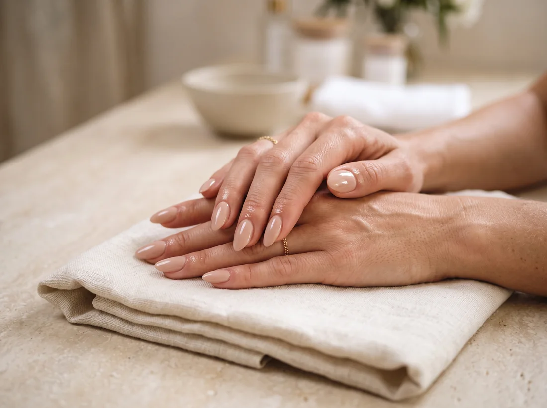 Elegant manicured hands with glossy nude nails resting on cream linen