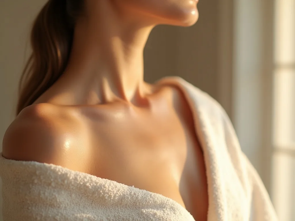 Smooth, glowing skin across a shoulder and collarbone draped in a soft towel